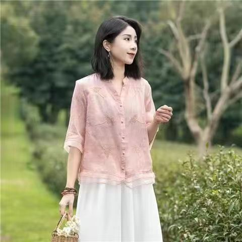Áo Sơ Mi Vải Lanh cotton Mỏng Thêu Họa Tiết 13 Màu Tùy Chọn Thời Trang Mùa Hè Mới 2023 Cho Nữ