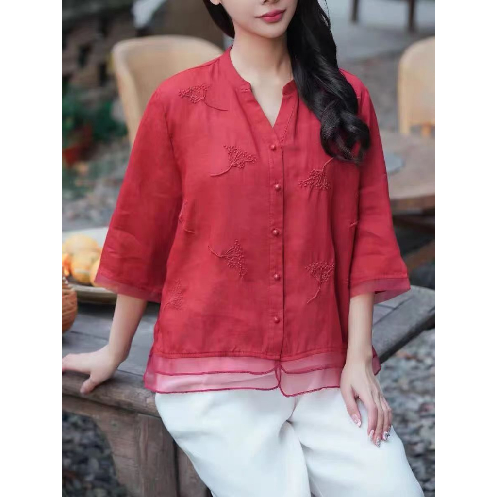 Áo Sơ Mi Vải Lanh cotton Mỏng Thêu Họa Tiết 13 Màu Tùy Chọn Thời Trang Mùa Hè Mới 2023 Cho Nữ