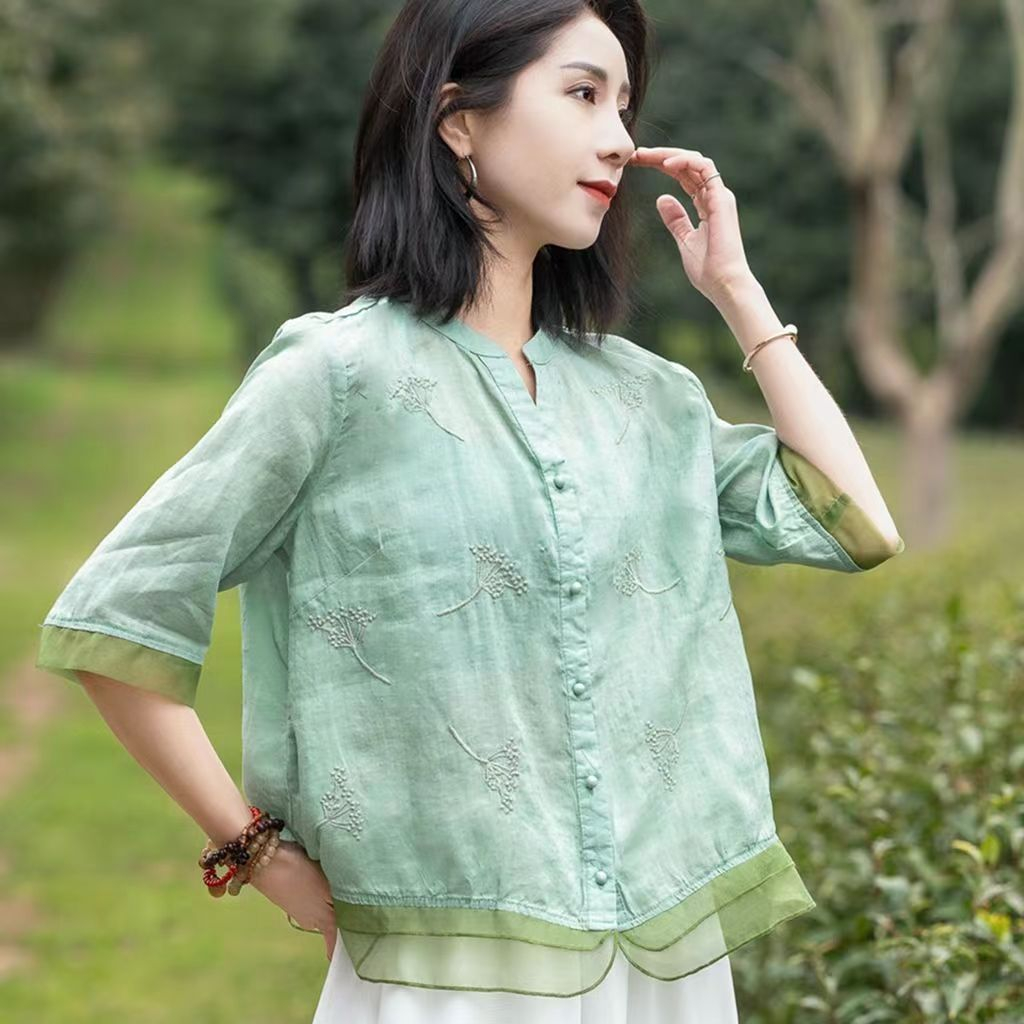 Áo Sơ Mi Vải Lanh cotton Mỏng Thêu Họa Tiết 13 Màu Tùy Chọn Thời Trang Mùa Hè Mới 2023 Cho Nữ