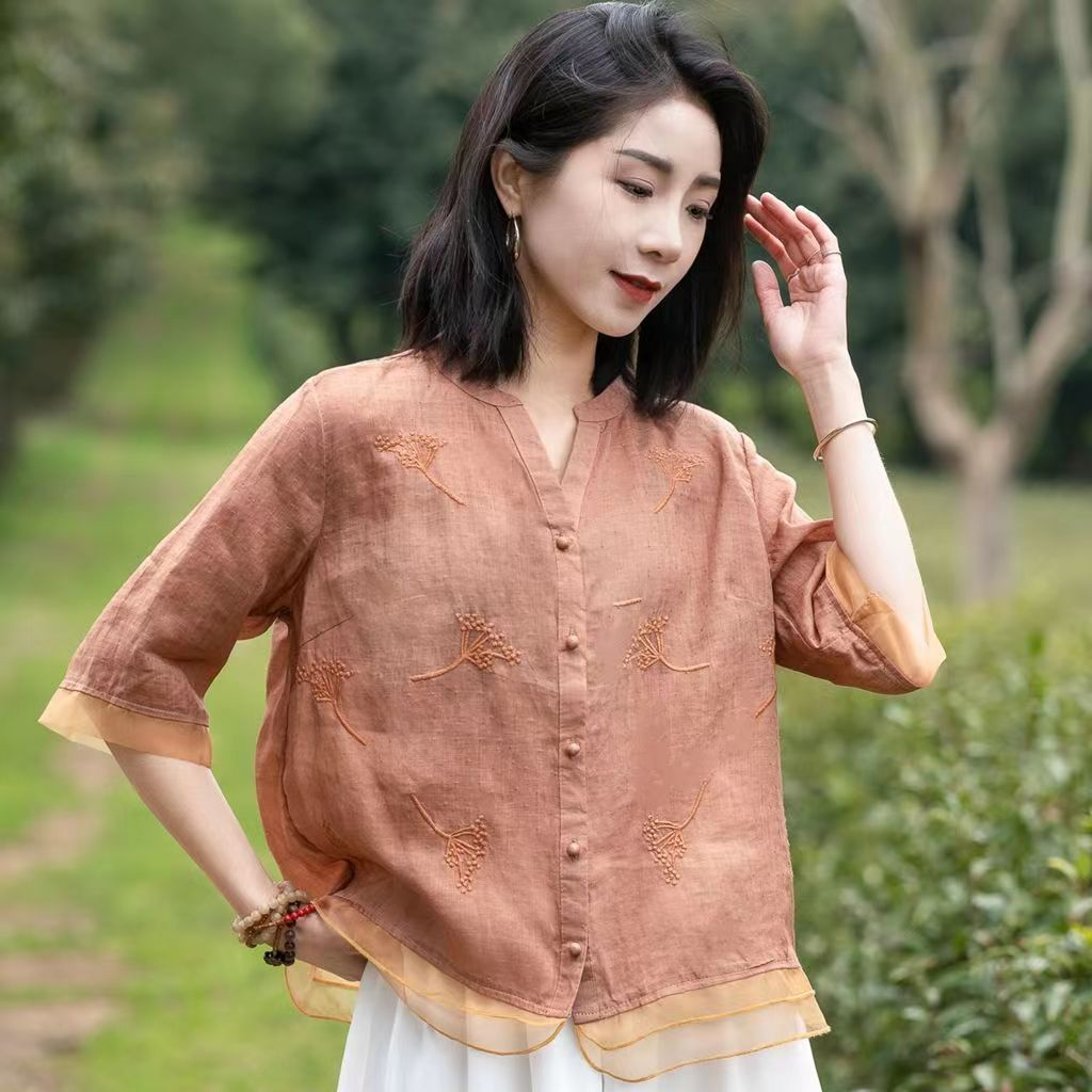 Áo Sơ Mi Vải Lanh cotton Mỏng Thêu Họa Tiết 13 Màu Tùy Chọn Thời Trang Mùa Hè Mới 2023 Cho Nữ