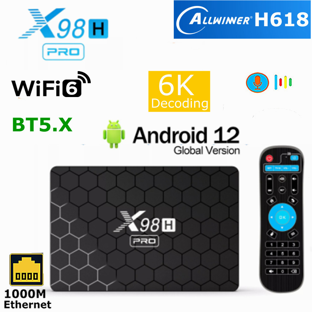 Android Box X98H PRO, Android TV 12, Allwinner H618, Ram 4GB, Rom 32GB, Wifi 6 2.4Ghz/5Ghz, Bluetooth 5.0, Lan 1000Mb