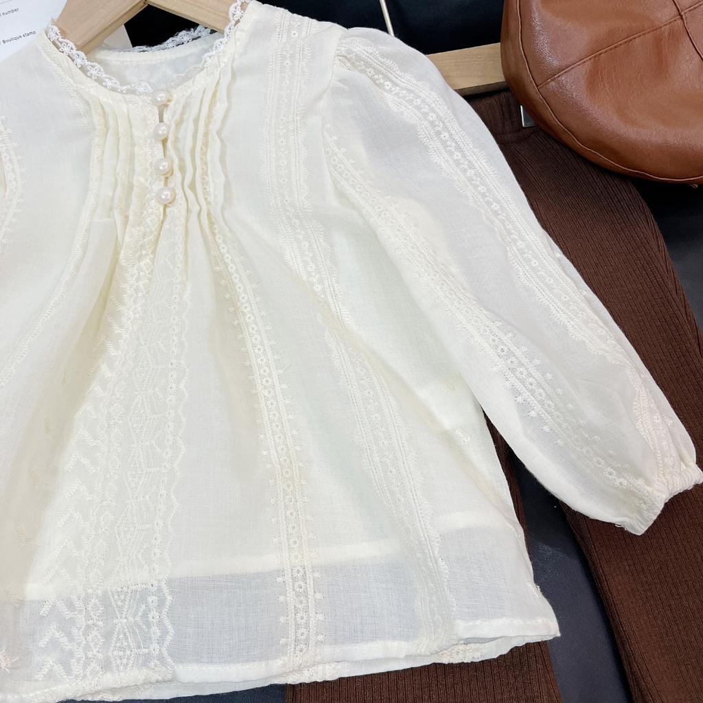 Áo Kiểu Tay Dài Phối Ren Hoa Cho Bé Gái