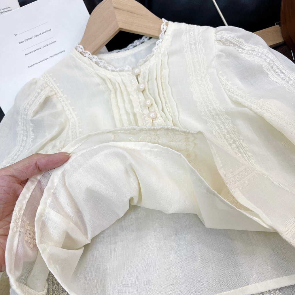 Áo Kiểu Tay Dài Phối Ren Hoa Cho Bé Gái
