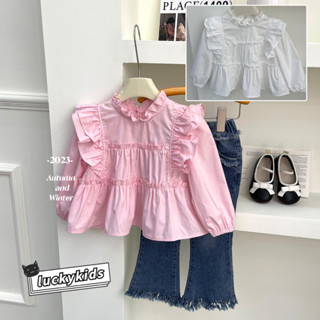 Mùa thu trẻ em bé gái ngọt ngào màu trơn thiết kế ren áo dài tay / quần denim quần jean