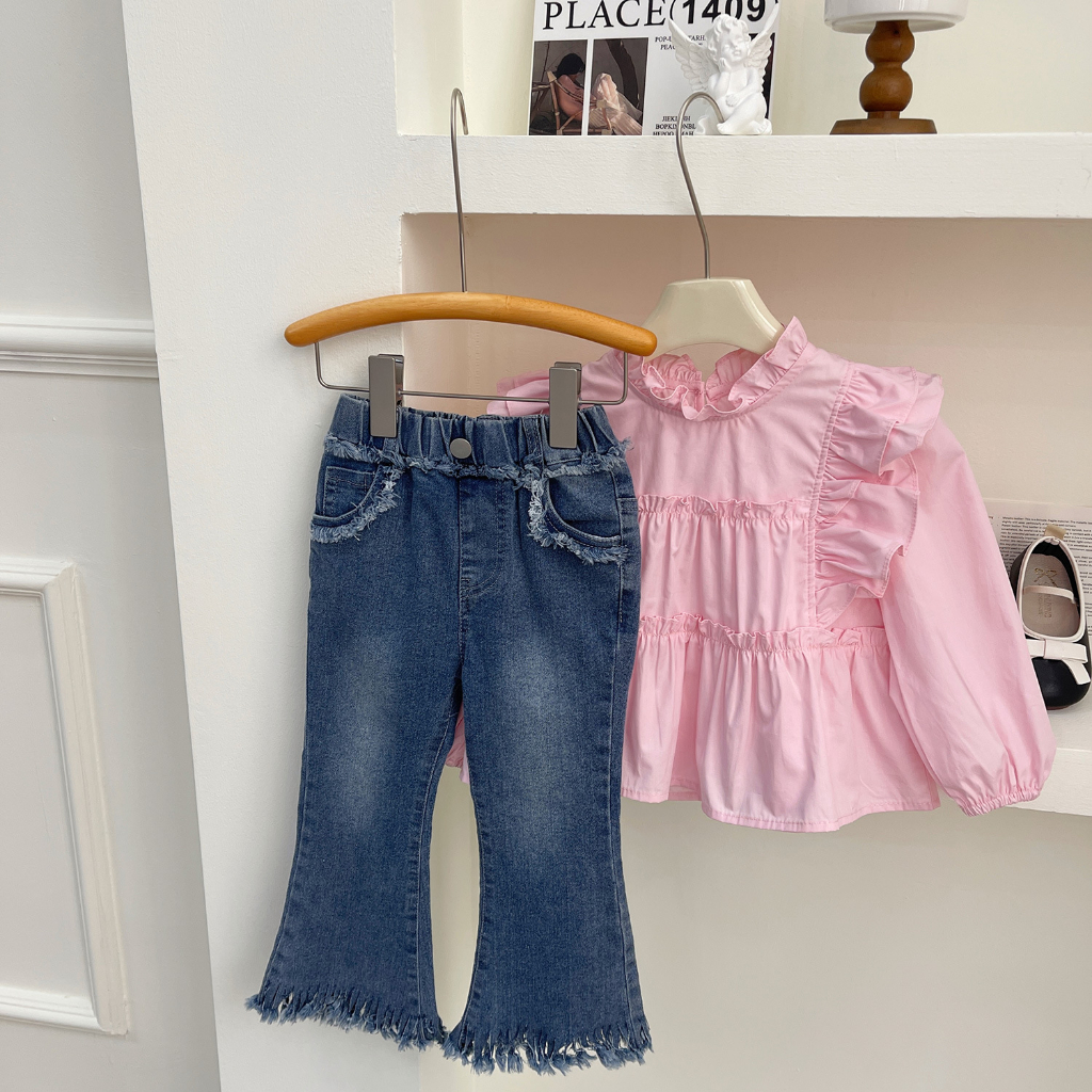 Bộ Áo Tay Dài / Quần Jean Dài Màu Sắc Ngọt Ngào Thời Trang Mùa Thu Cho Bé Gái
