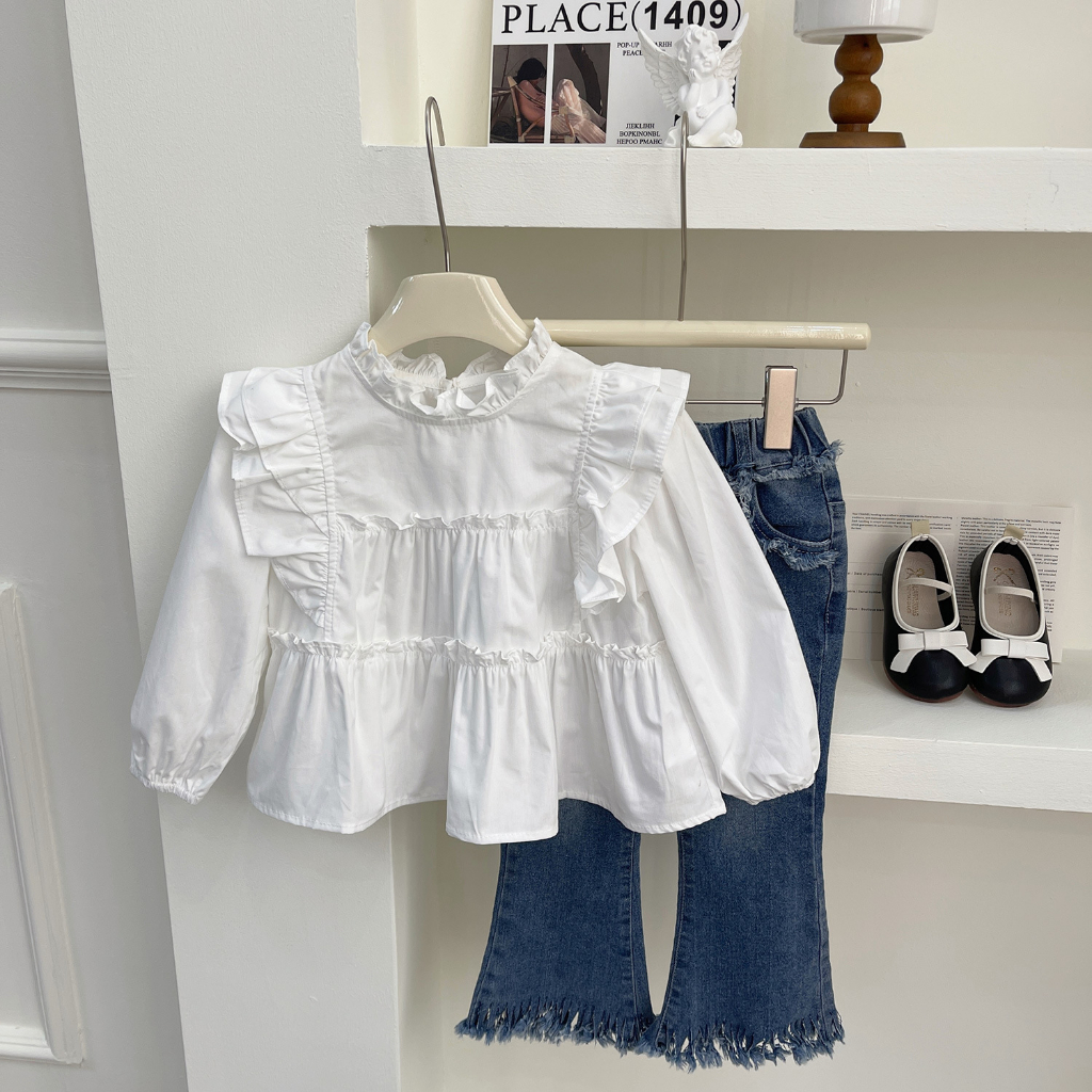 Bộ Áo Tay Dài / Quần Jean Dài Màu Sắc Ngọt Ngào Thời Trang Mùa Thu Cho Bé Gái