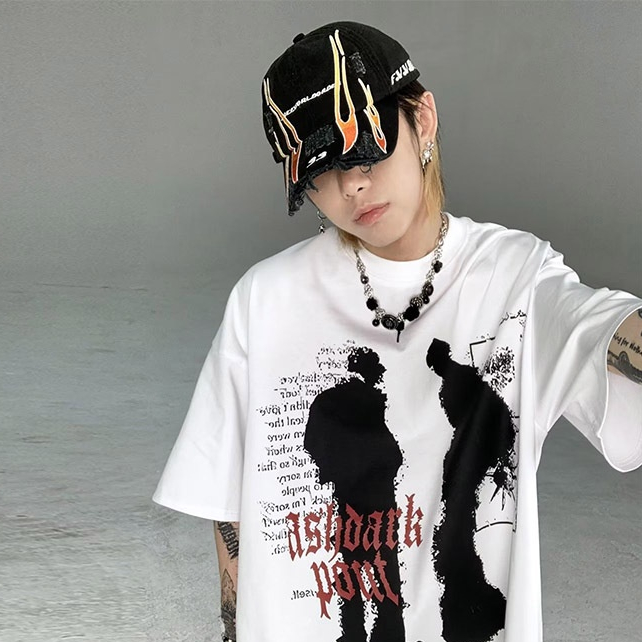 Sinransinya Áo Thun Tay Ngắn Dáng Rộng In Hình Mèo Phong Cách hip hop Thời Trang Cho Nam