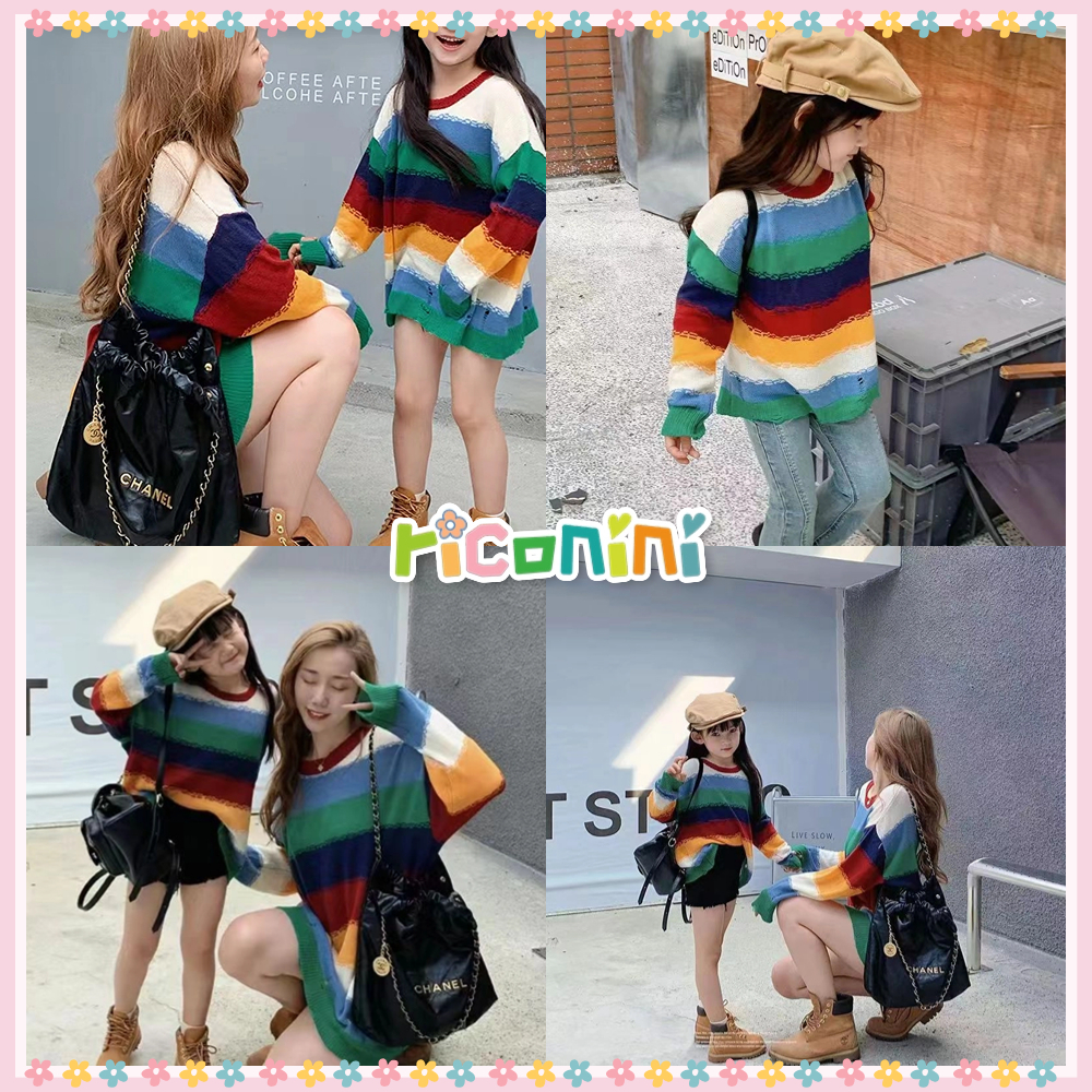 Ricoini Bộ Áo sweater Kẻ Sọc Cầu Vồng Phong Cách Phương Tây Thời Trang Xuân Thu Cho Mẹ Và Bé