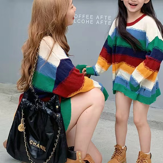 Ricoini Bộ Áo sweater Kẻ Sọc Cầu Vồng Phong Cách Phương Tây Thời Trang Xuân Thu Cho Mẹ Và Bé