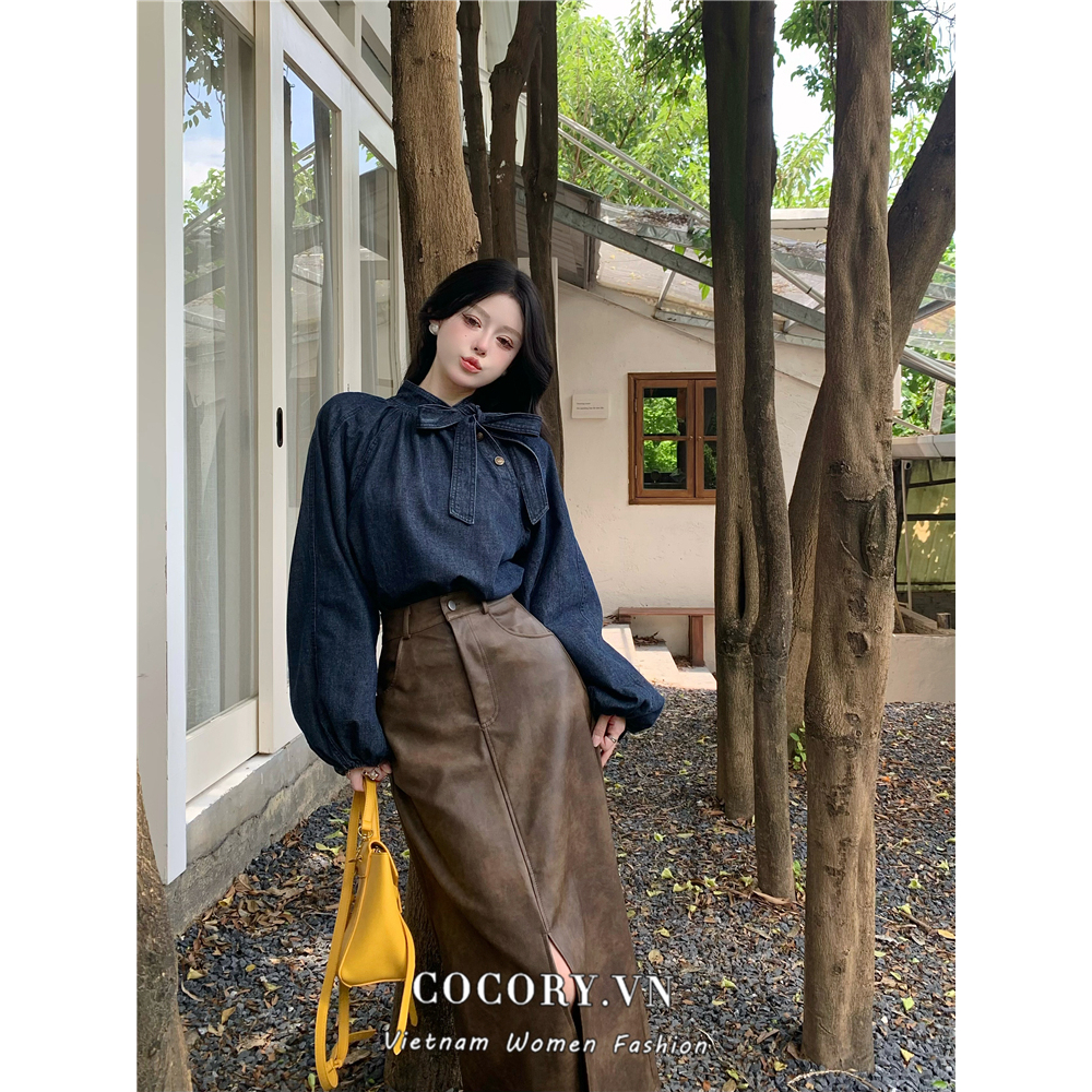 Cocory vn Áo denim Form Rộng Cổ Đứng + Chân Váy Da Lưng Cao Phong Cách Hàn Quốc Dành Cho Nữ