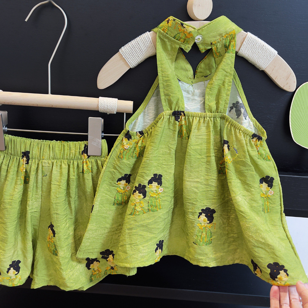 Set Đồ 2 Món Gồm Áo Sát Nách In Họa Tiết Dễ Thương + Quần Ngắn Phong Cách Trung Hoa Cho Bé Gái