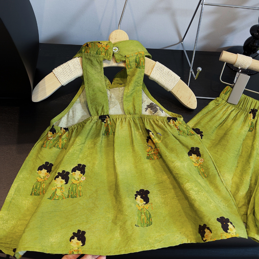 Set Đồ 2 Món Gồm Áo Sát Nách In Họa Tiết Dễ Thương + Quần Ngắn Phong Cách Trung Hoa Cho Bé Gái