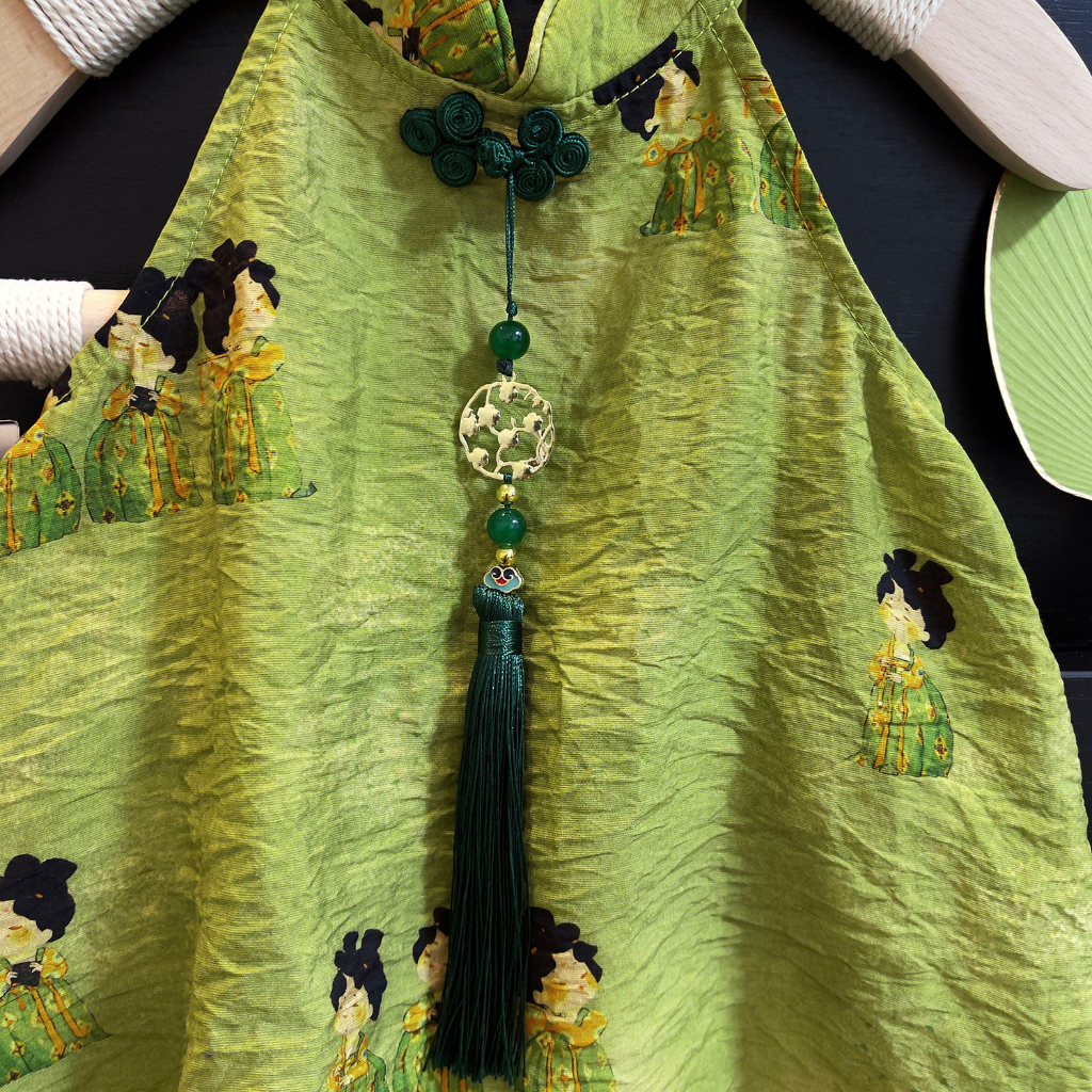 Set Đồ 2 Món Gồm Áo Sát Nách In Họa Tiết Dễ Thương + Quần Ngắn Phong Cách Trung Hoa Cho Bé Gái