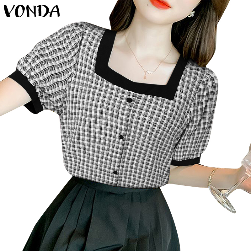 Áo kiểu VONDA tay phồng ngắn cổ vuông họa tiết sọc caro phong cách Hàn Quốc thời trang cho nữ