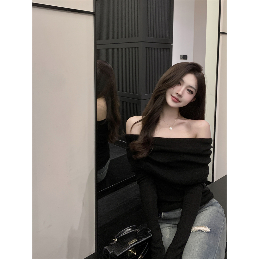 Xiaozhainv Áo Len Tay Dài Trễ Vai 6 Màu Sắc Đa Dạng Phong Cách Hàn Quốc