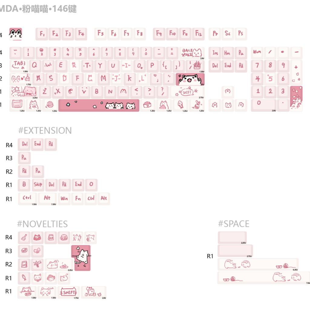 66/146 Phím Bột Meow Meow Keycaps MDA Dễ Thương PBT Năm mặt thăng hoa nhiệt 61/64/68/75/84/87/104/108 Dễ Thương Bàn Phím Cơ Keycap