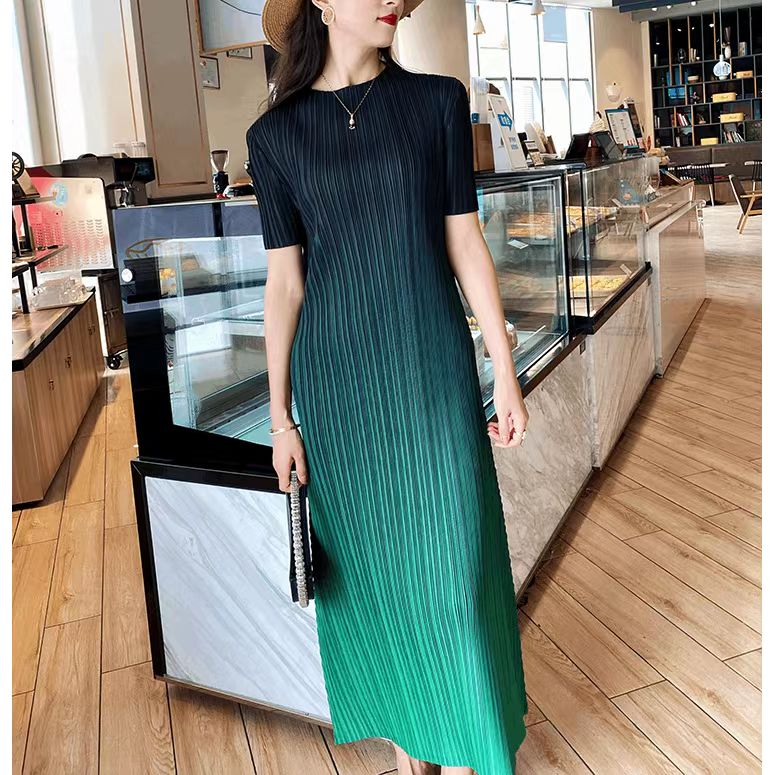 Đầm Dài Xếp Ly Tay Ngắn Màu gradient Thanh Lịch Đơn Giản Thời Trang Mùa Hè Cho Nữ