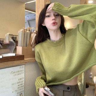 Korean Sweater Lazy Sweater Coat Loose round Neck Solid Crop Top