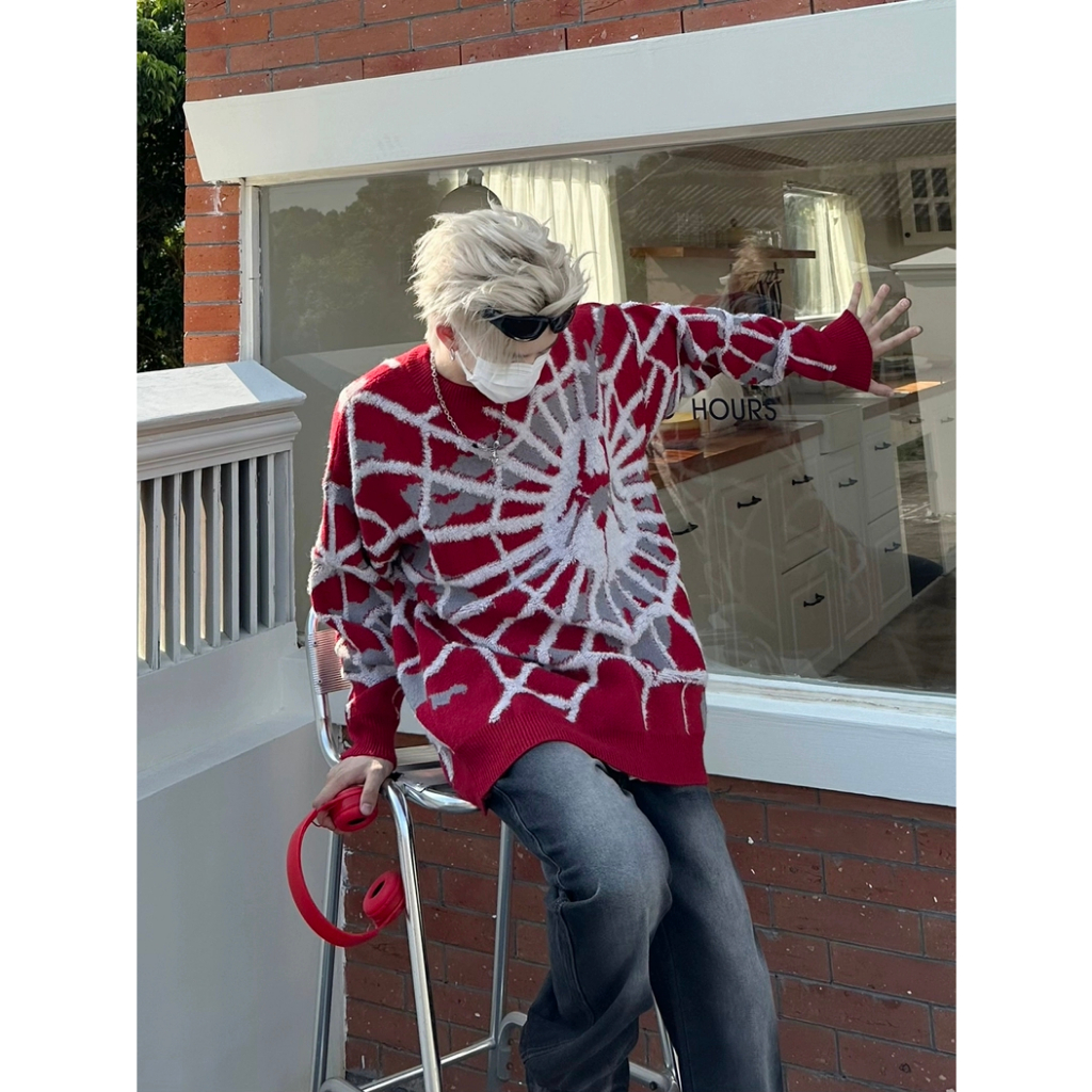 Infinite Áo sweater Dệt Kim Dáng Rộng In Hình Nhện Phong Cách Trung Hoa Thời Trang Thu Đông Cho Nam Giới
