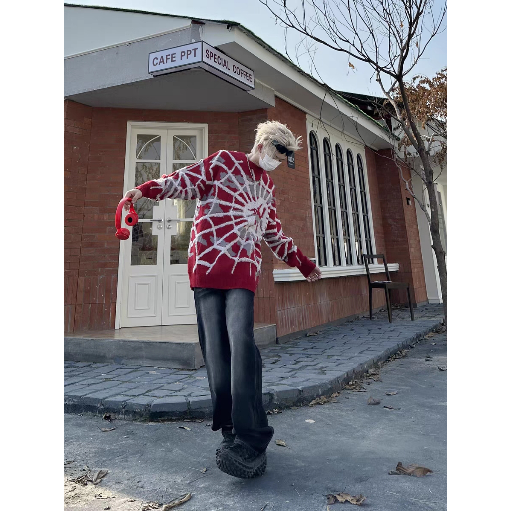 Infinite Áo sweater Dệt Kim Dáng Rộng In Hình Nhện Phong Cách Trung Hoa Thời Trang Thu Đông Cho Nam Giới