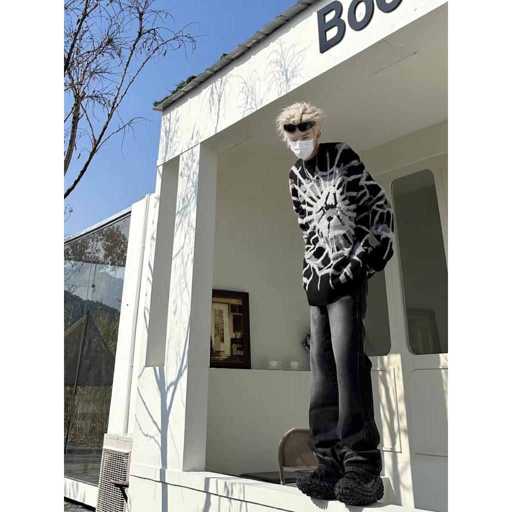 Infinite Áo sweater Dệt Kim Dáng Rộng In Hình Nhện Phong Cách Trung Hoa Thời Trang Thu Đông Cho Nam Giới
