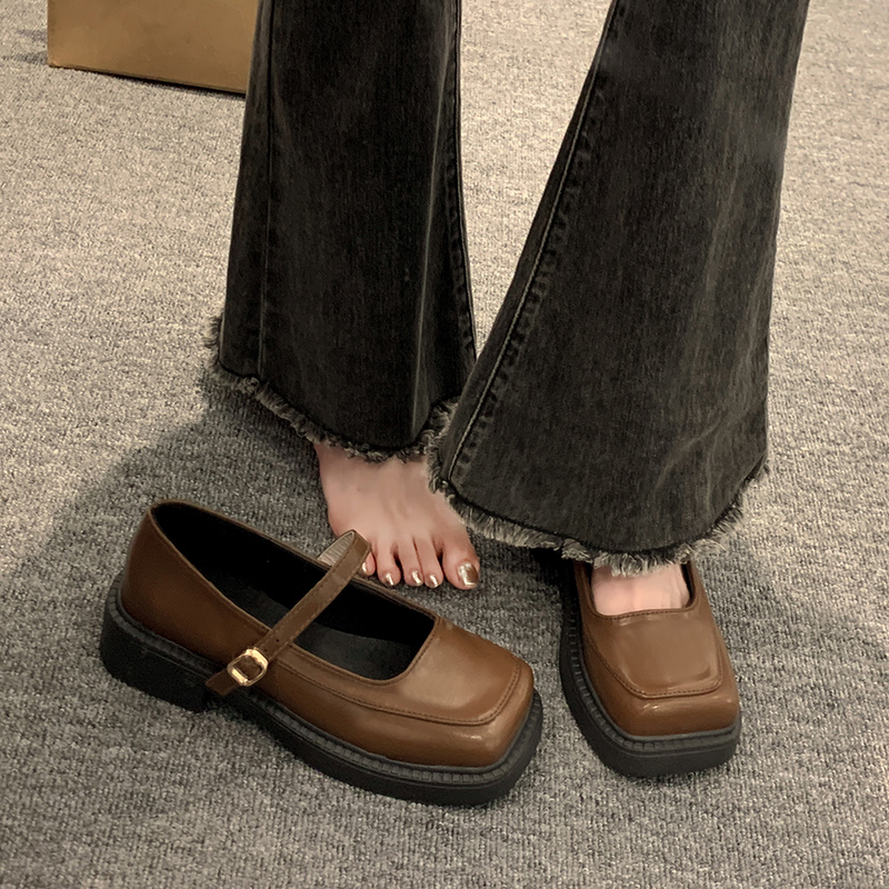 Mary jane Giày Búp Bê Da Đế Mềm Dày Dặn Màu Trơn Phong Cách Anh Quốc Thời Trang Cho Nữ