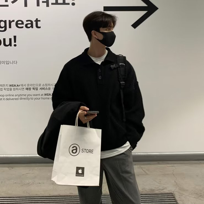 Sinransinya Áo sweater Cổ polo Ba Nút Màu Trơn Thời Trang Đường Phố Mỹ Cao Cấp Dành Cho Nam