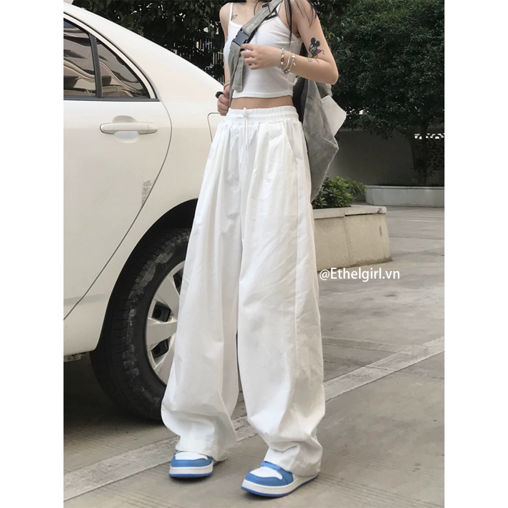 Ethelgirl Quần Dài Thể Thao Ống Rộng Lưng Cao Màu Trắng Thời Trang Hàn Quốc Cho Nữ