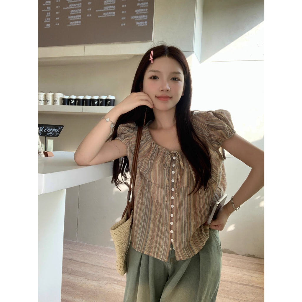 Áo Sơ Mi Tay Phồng Ngắn Cổ Chữ v Họa Tiết Kẻ Sọc Thời Trang Mùa Hè Dành Cho Nữ