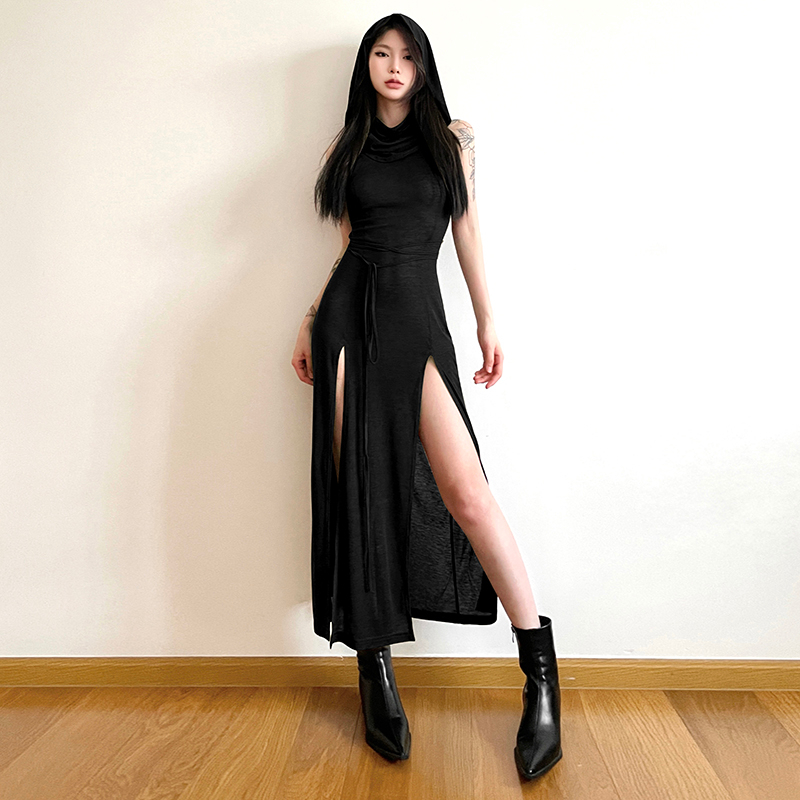 Klalien Đầm maxi Dệt Kim Mỏng Không Tay Xẻ Cao Thiết Kế Khoét Lỗ Đơn Giản Thời Trang vintage Cho Nữ