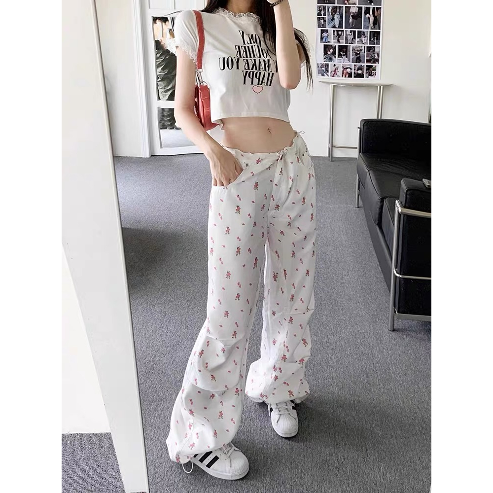 Quần cotton Ống Rộng Lưng Cao Vừa Vặn Họa Tiết Hoa Có Dây Rút Đa Năng