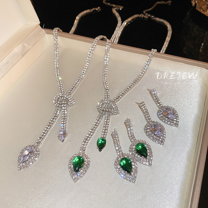 Drejew Bộ Vòng cổ Bông Tai Mạ Bạc 925 Đính Kim Cương Hình Giọt Nước Tua Rua Và Vòng cổ Âu Mỹ Cao Cấp Sang Trọng Không Gây Dị Ứng