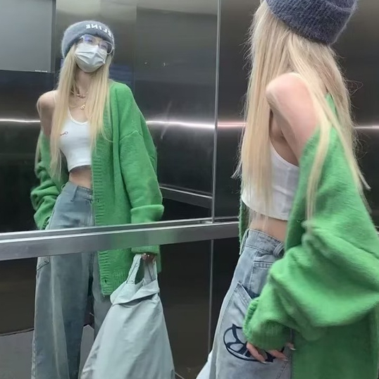 Áo Khoác cardigan Dệt Kim Dáng Rộng Màu Xanh Lá Thời Trang Cho Nữ