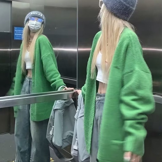 Áo Khoác cardigan Dệt Kim Dáng Rộng Màu Xanh Lá Thời Trang Cho Nữ