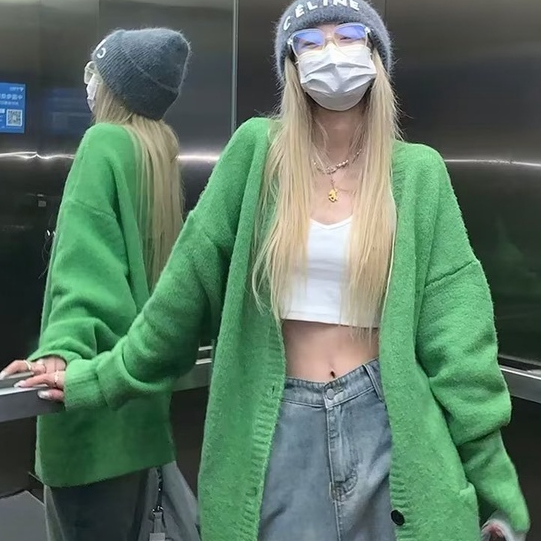 Áo Khoác cardigan Dệt Kim Dáng Rộng Màu Xanh Lá Thời Trang Cho Nữ