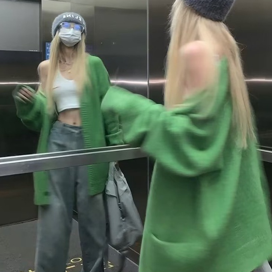 Áo Khoác cardigan Dệt Kim Dáng Rộng Màu Xanh Lá Thời Trang Cho Nữ