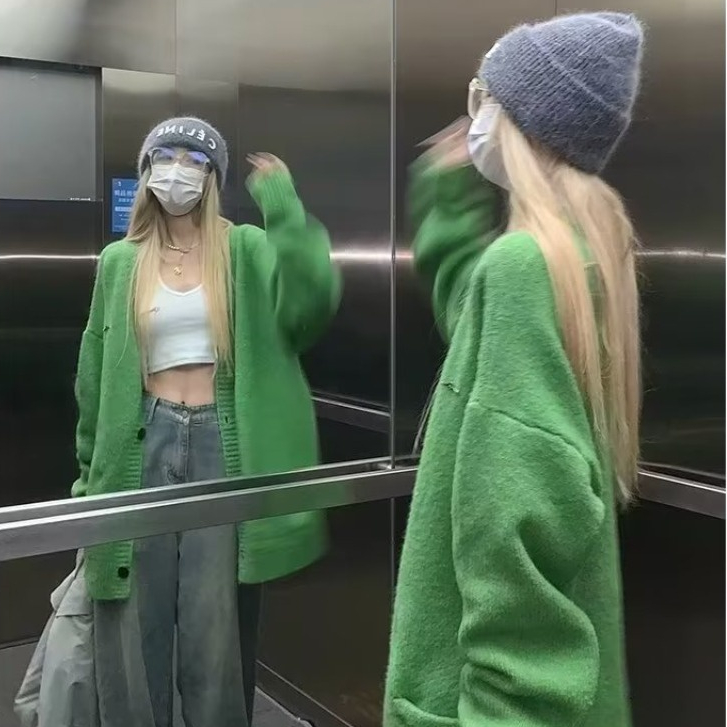 Áo Khoác cardigan Dệt Kim Dáng Rộng Màu Xanh Lá Thời Trang Cho Nữ