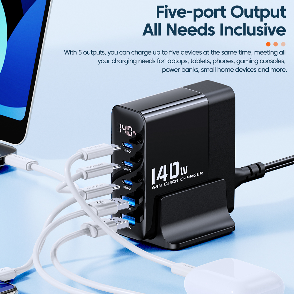 Củ Sạc toocki 140w gan pd4.0 qc3.0 type c 3c2a Có Màn Hình Hiển Thị Kỹ Thuật Số