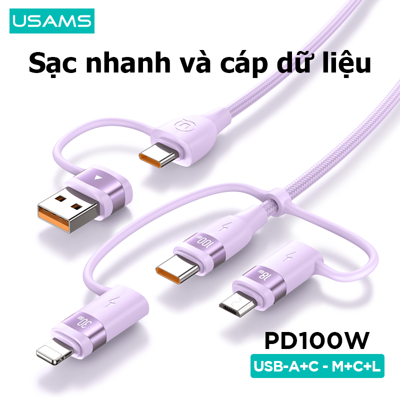 Usams U85 PD 100W Cáp Dữ Liệu Sạc Nhanh Type C Cáp Sạc Nhanh IP Micro USB 3 trong 2