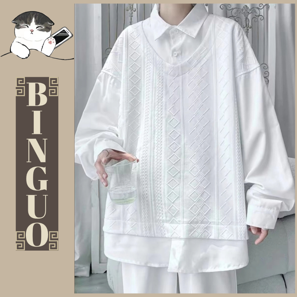 Áo Sơ Mi Tay Dài Giả Hai Lớp Phong Cách Hàn Quốc Thiết kế ghép áo sơ mi trắng trơn Thời Trang đại học Cho Cặp Đôi áo sơ mi có cổ form rộng