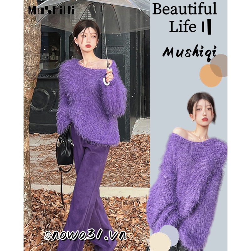 Mushiqi Áo sweater Dệt Kim Mềm Mại Dáng Rộng Màu Tím Nhẹ Nhàng Cho Nữ Nuche