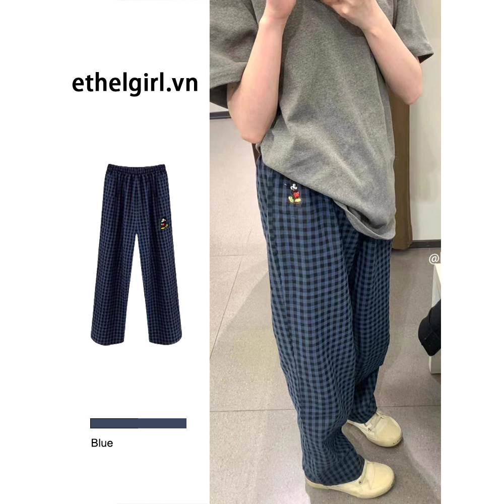 Ethelgirl Quần ống rộng Họa Tiết Sọc Caro In Hình Chuột Mickey Thời Trang Mùa Hè Phong Cách Hàn Quốc
