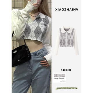 Xiaozhainv Áo croptop dệt kim dáng ôm dài tay họa tiết kẻ sọc phong cách Hàn Quốc thời trang