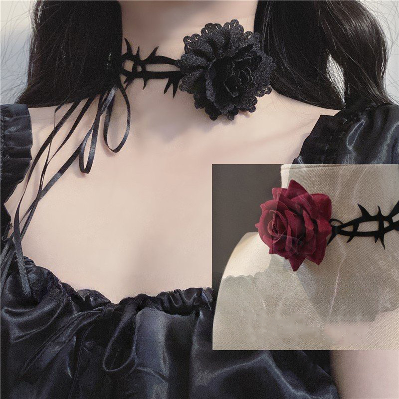 (2 màu) vòng cổ choker hoa hồng gai buộc dây bí ẩn (dây có thể tự chỉnh)