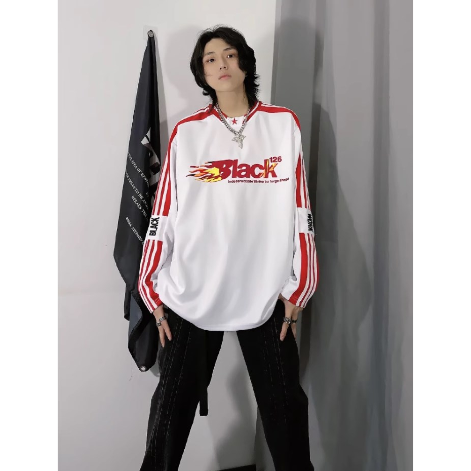 YOUTANG Áo Thun Thể Thao Tay Dài Chui Đầu In Chữ Lửa Phong Cách Đường Phố Mỹ Cho Nam Và Nữ