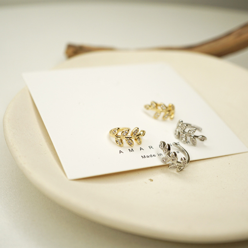 Mới Khuyên Kẹp Vành Tai Hình Chiếc Lá Đính Đá Phong Cách vintage