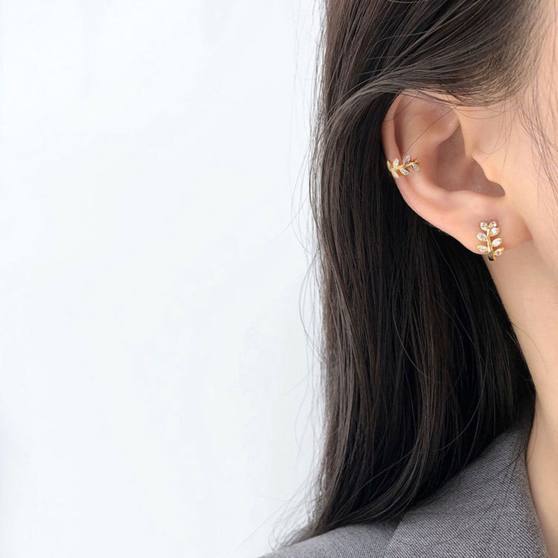 Mới Khuyên Kẹp Vành Tai Hình Chiếc Lá Đính Đá Phong Cách vintage