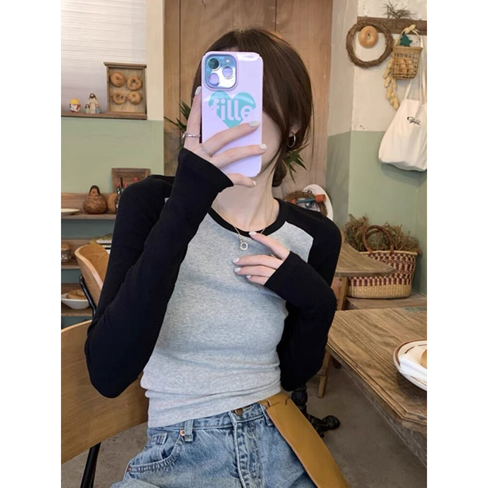 Áo Thun Dài Tay Ôm Dáng Màu Sắc Tương Phản Phong Cách Hàn Quốc Cho Nữ