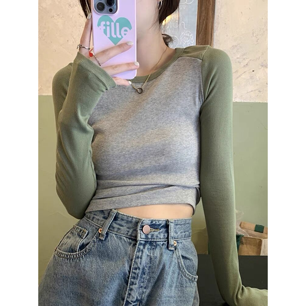 Áo Thun Dài Tay Ôm Dáng Màu Sắc Tương Phản Phong Cách Hàn Quốc Cho Nữ