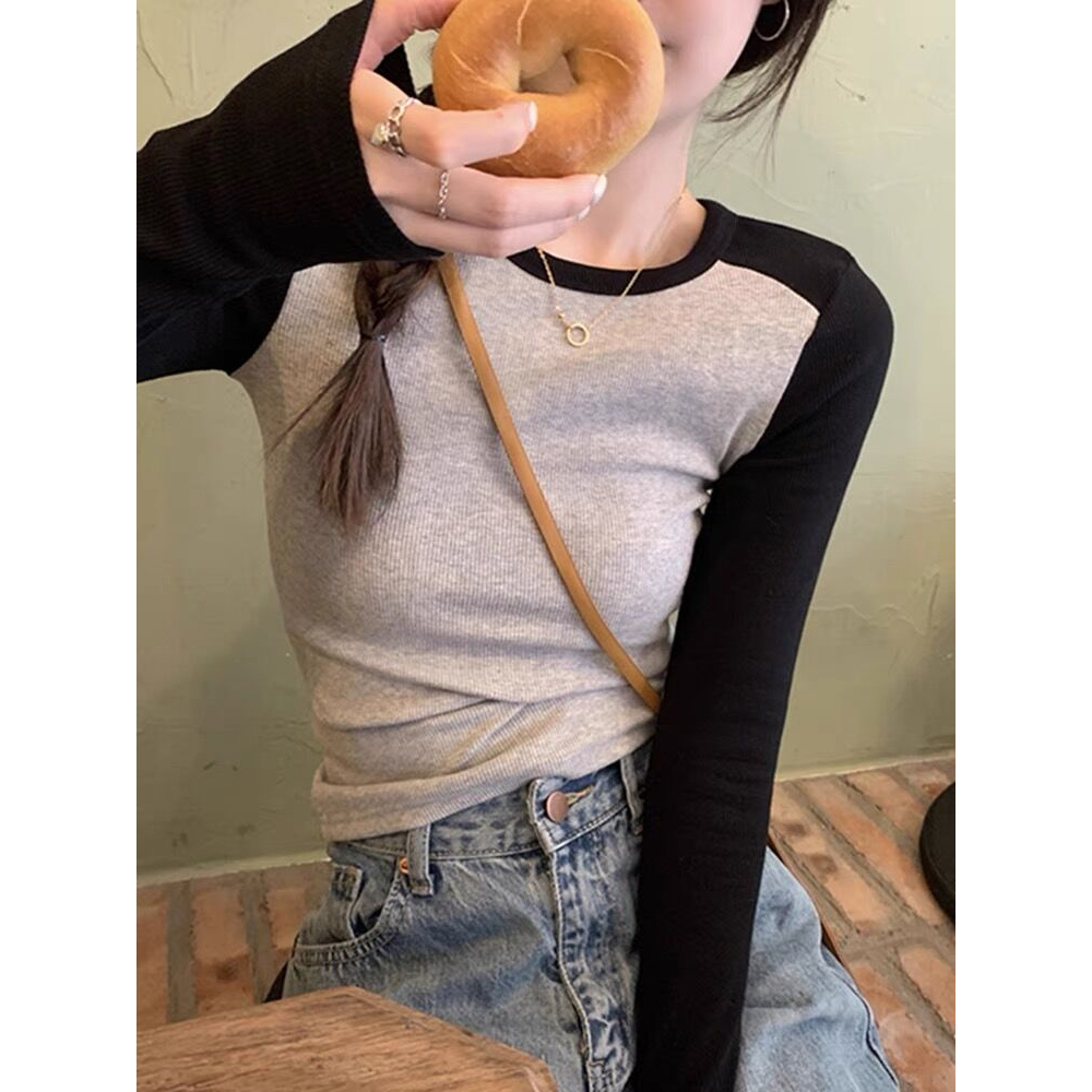 Áo Thun Dài Tay Ôm Dáng Màu Sắc Tương Phản Phong Cách Hàn Quốc Cho Nữ